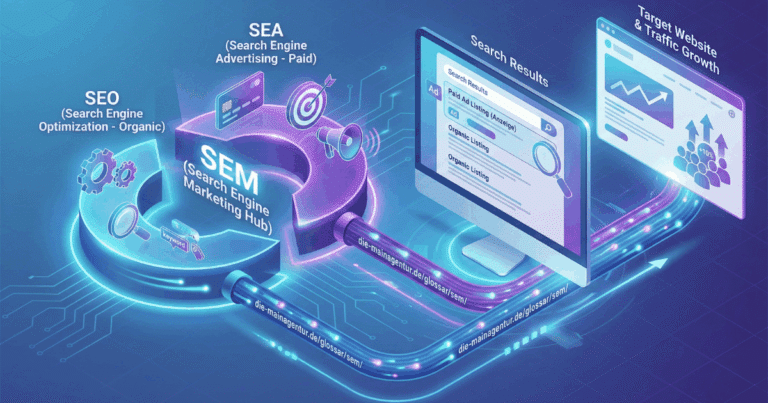 Isometrische 3D-Illustration, die das Konzept des Search Engine Marketings (SEM) visualisiert. Ein zentraler "SEM Hub" vereint "SEO (Search Engine Optimization - Organic)" und "SEA (Search Engine Advertising - Paid)". Beide Kanäle leiten Daten auf eine "Search Engine Results Page (SERP)", die wiederum zu einer "Target Website & Traffic Growth" führt.