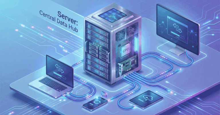 Isometrische 3D-Illustration, die einen Server als zentralen Daten-Hub visualisiert. Ein leistungsstarkes Server-Rack mit internen Komponenten wie Festplatten und CPU ist über leuchtende Datenkabel mit verschiedenen Endgeräten (Laptop, PC, Tablet, Smartphone) verbunden, um den Datenaustausch zu symbolisieren.