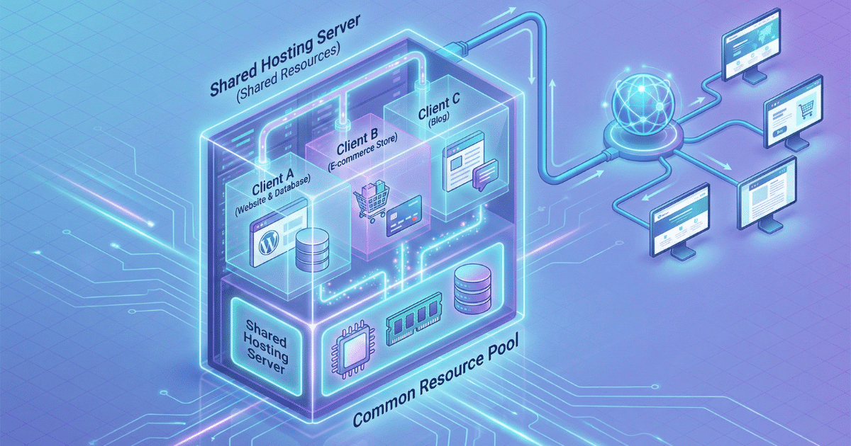 Isometrische 3D-Illustration, die das Prinzip von Shared Hosting visualisiert. Ein zentraler "Shared Hosting Server" beherbergt mehrere Kunden ("Client A", "Client B", "Client C"), die sich einen gemeinsamen Ressourcenpool ("Common Resource Pool" mit CPU, RAM, Speicher) teilen. Die Verbindung ins Internet und zu verschiedenen Endgeräten ist ebenfalls dargestellt.