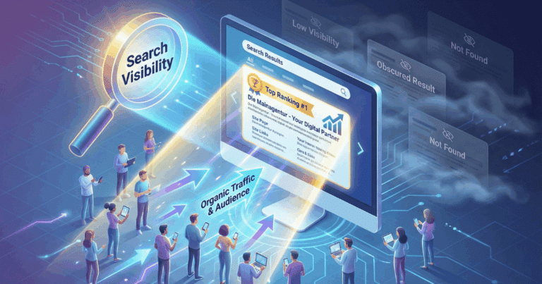 Isometrische 3D-Illustration, die das Konzept der digitalen Sichtbarkeit visualisiert. Eine Website mit "Top Ranking #1" auf einem Google-Suchergebnis-Bildschirm wird von einem "Search Visibility"-Scheinwerfer beleuchtet und zieht eine Menschenmenge ("Organic Traffic & Audience") an. Im Hintergrund sind andere Websites im Nebel als "Low Visibility" kaum zu erkennen.
