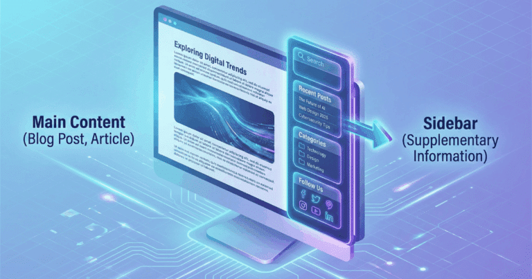 Isometrische 3D-Illustration, die eine Sidebar auf einer Website visualisiert. Auf einem Monitor ist ein Website-Layout zu sehen, bei dem der Hauptinhalt ("Main Content") auf der linken Seite und ein schmalerer, seitlicher Bereich ("Sidebar") auf der rechten Seite dargestellt ist. Die Sidebar enthält verschiedene Widgets wie eine Suche, "Recent Posts", "Categories" und "Follow Us"-Icons.