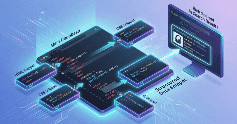 Professionelle WordPress Wartung & Pflege 7 Isometrische 3D-Illustration, Die Das Konzept Von Snippets Visualisiert. Kleine Code-Blöcke Für Html, Css Und Js Werden Aus Einer &Quot;Main Codebase&Quot; Extrahiert. Ein &Quot;Structured Data Snippet&Quot; Führt Zu Einem Hervorgehobenen &Quot;Rich Snippet In Search Results&Quot; Auf Einer Suchergebnisseite.