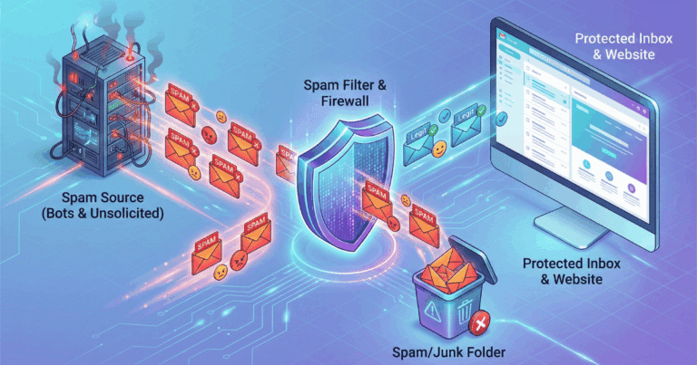 Isometrische 3D-Illustration, die das Prinzip von Spam und dessen Filterung visualisiert. Eine "Spam Source" sendet eine Flut von roten Spam-Nachrichten, die von einem "Spam Filter & Firewall" blockiert und in einen "Spam/Junk Folder" umgeleitet werden. Nur legitime, blaue Nachrichten erreichen das geschützte "Protected Inbox & Website".