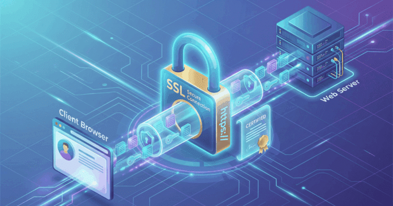 Isometrische 3D-Illustration, die eine SSL-Verbindung visualisiert. Ein "Client Browser" auf der linken Seite ist über einen sicheren, verschlüsselten Datentunnel mit einem "Web Server" auf der rechten Seite verbunden. Ein großes, leuchtendes Vorhängeschloss-Symbol mit dem Text "SSL Secure Connection" und "https://" sichert die Verbindung, ergänzt durch ein digitales Zertifikat.