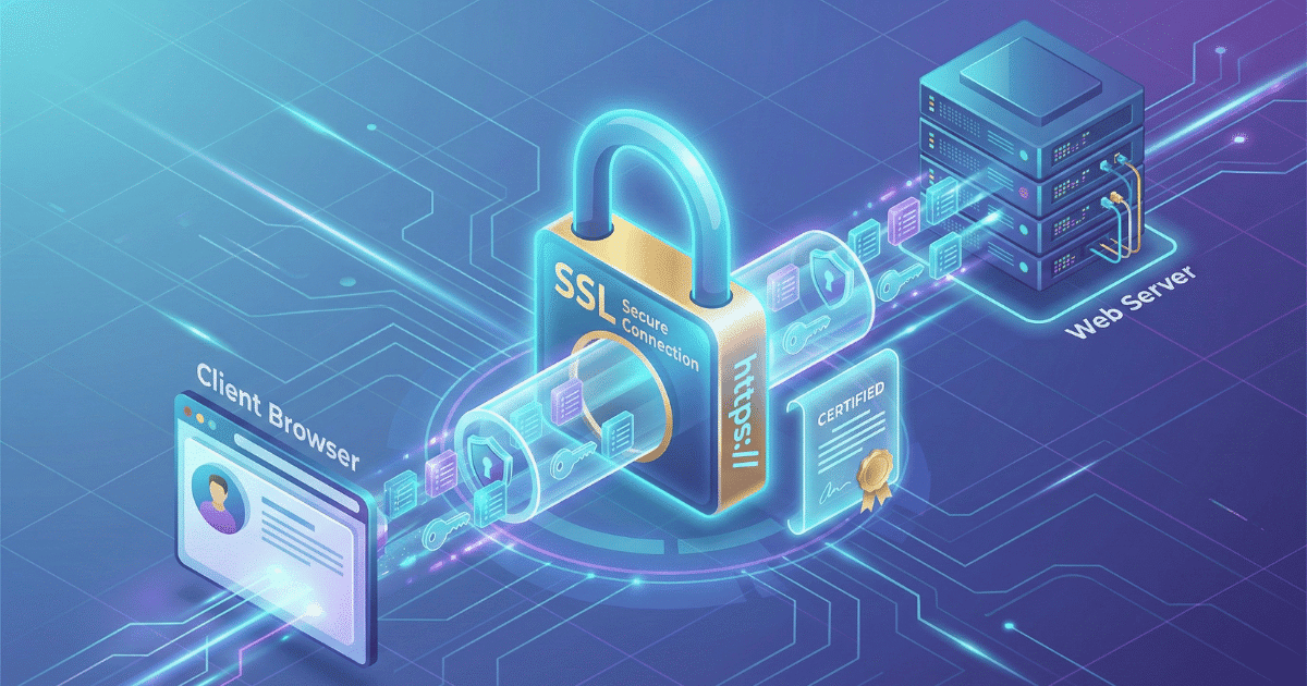 Isometrische 3D-Illustration, die eine SSL-Verbindung visualisiert. Ein "Client Browser" auf der linken Seite ist über einen sicheren, verschlüsselten Datentunnel mit einem "Web Server" auf der rechten Seite verbunden. Ein großes, leuchtendes Vorhängeschloss-Symbol mit dem Text "SSL Secure Connection" und "https://" sichert die Verbindung, ergänzt durch ein digitales Zertifikat.