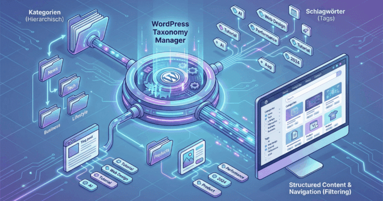 Isometrische 3D-Illustration, die das Konzept der Taxonomie in WordPress visualisiert. Ein "WordPress Taxonomy Manager" organisiert Inhalte mithilfe von hierarchischen "Kategorien" (Ordnerstruktur) und nicht-hierarchischen "Schlagwörtern (Tags)". Dies führt zu einer strukturierten Navigation und Filterung auf der Website, wie auf einem Monitor dargestellt.
