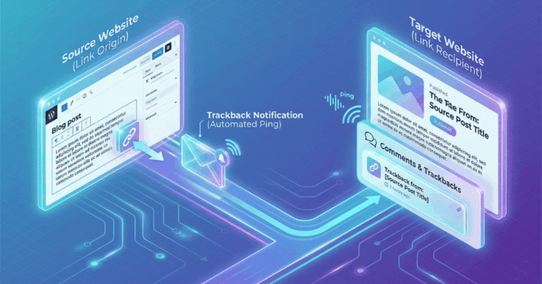 Isometrische 3D-Illustration, die das Prinzip von Trackbacks visualisiert. Von einer "Source Website" (Link-Ursprung), auf der ein Blogbeitrag mit einem Link erstellt wird, wird eine "Trackback Notification" (automatisierter Ping) an eine "Target Website" (Link-Empfänger) gesendet. Dort erscheint der Ping im Bereich "Comments & Trackbacks" des verlinkten Beitrags.