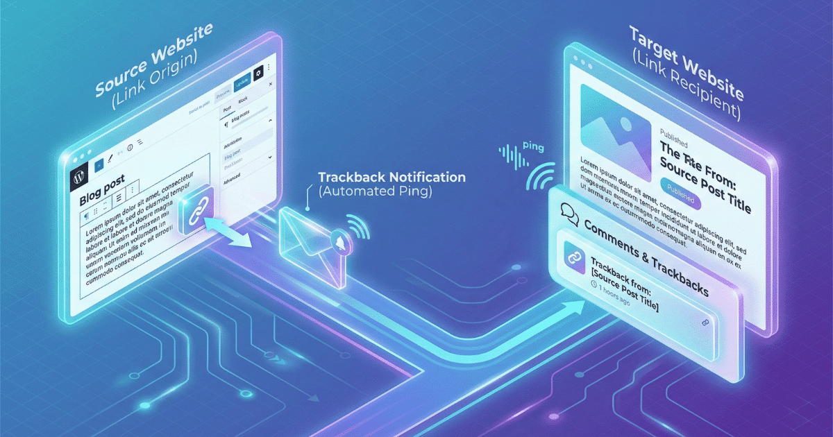 Isometrische 3D-Illustration, die das Prinzip von Trackbacks visualisiert. Von einer "Source Website" (Link-Ursprung), auf der ein Blogbeitrag mit einem Link erstellt wird, wird eine "Trackback Notification" (automatisierter Ping) an eine "Target Website" (Link-Empfänger) gesendet. Dort erscheint der Ping im Bereich "Comments & Trackbacks" des verlinkten Beitrags.