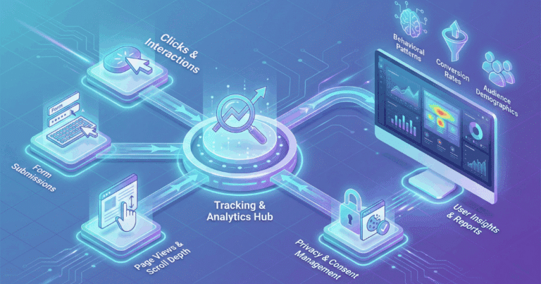 Isometrische 3D-Illustration, die den Prozess des digitalen Trackings visualisiert. Verschiedene Nutzeraktionen wie Klicks, Formulareingaben und Seitenaufrufe werden in einem zentralen "Tracking & Analytics Hub" gesammelt. Dieser generiert daraus "User Insights & Reports" auf einem Dashboard, wobei auch Datenschutz und Nutzereinwilligung berücksichtigt werden.