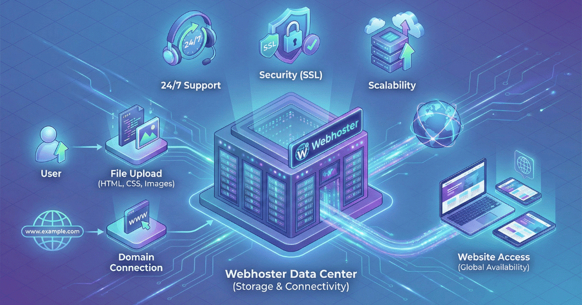Isometrische 3D-Illustration, die die Funktion eines Webhosters visualisiert. Ein zentrales Rechenzentrum empfängt Daten (Datei-Upload, Domain-Verbindung) und stellt die Website weltweit für verschiedene Endgeräte bereit. Zusätzliche Dienste wie Support, Sicherheit und Skalierbarkeit sind ebenfalls dargestellt.