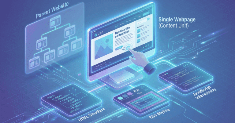 Isometrische 3D-Illustration, die eine einzelne Webseite (Webpage) visualisiert. Ein Monitor zeigt eine spezifische Inhaltsseite, die aus HTML-Struktur, CSS-Styling und JavaScript-Interaktivität besteht. Sie ist als Teil einer größeren "Parent Website" im Hintergrund dargestellt, von der sie ein Bestandteil ist.