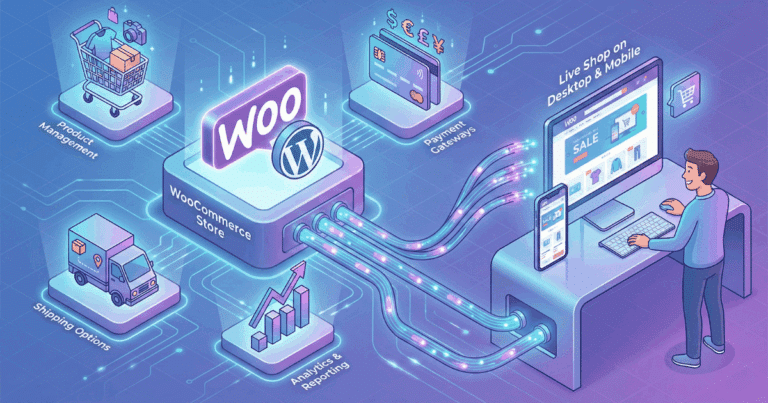 Isometrische 3D-Illustration, die WooCommerce als E-Commerce-Lösung für WordPress visualisiert. Ein zentrales "WooCommerce Store"-Modul ist mit Funktionen wie Produktmanagement, Zahlungsgateways, Versandoptionen und Analysen verbunden. Es speist einen Live-Shop auf Desktop und Mobile, mit dem ein Nutzer interagiert.