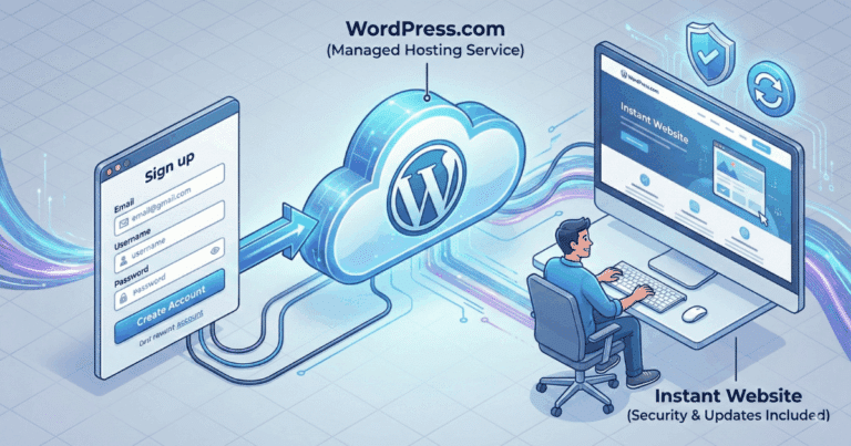 Isometrische 3D-Illustration, die WordPress.com visualisiert. Ein einfacher Anmeldeprozess führt zu einem gehosteten Cloud-Server, der automatisch eine fertige Website inklusive Sicherheits- und Update-Funktionen bereitstellt, während der Nutzer entspannt am Computer sitzt.