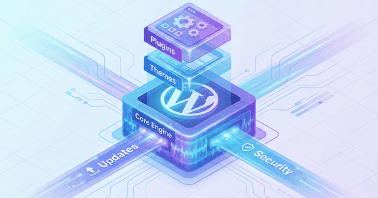 Glossar 25 Isometrische 3D-Illustration, Die Den Wordpress Core Visualisiert. Eine Zentrale, Leuchtende Kugel Oder Ein &Quot;Motor-Block&Quot; Mit Dem Wordpress-Logo Bildet Das Stabile Fundament. Darauf Bauen Verschiedene Transparente Schichten Auf, Die &Quot;Themes&Quot; (Design) Und &Quot;Plugins&Quot; (Funktion) Repräsentieren. Code-Schnipsel Fließen In Den Kern, Um Updates Und Sicherheit Zu Symbolisieren.