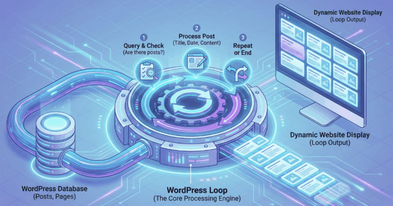 Isometrische 3D-Illustration, die die Funktionsweise des WordPress Loops visualisiert. Daten fließen von einer "WordPress Database" in eine zentrale "WordPress Loop Processing Engine". Dort wird in einer Schleife mit drei Schritten ("Query & Check", "Process Post", "Repeat or End") geprüft, ob Beiträge vorhanden sind und diese verarbeitet, bevor sie als "Dynamic Website Display (Loop Output)" auf einem Monitor dargestellt werden.
