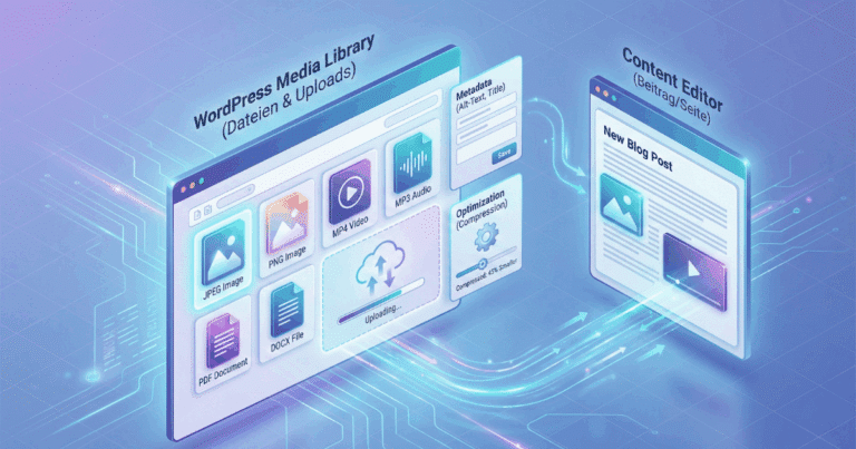 Isometrische 3D-Illustration, die die WordPress-Medienbibliothek visualisiert. Sie zeigt eine Schnittstelle mit verschiedenen Dateitypen (Bilder, Videos, Dokumente) und eine Drag-and-Drop-Upload-Funktion. Ein Pfeil verdeutlicht, wie diese Medien in einen Content Editor für einen Blog-Beitrag eingefügt werden, einschließlich der Verwaltung von Metadaten und Optimierung.
