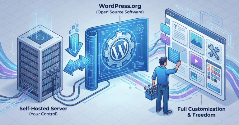 Isometrische 3D-Illustration, die das Konzept von WordPress.org visualisiert. Ein Open-Source-Software-Bauplan wird auf einen eigenen Server heruntergeladen, was einem Nutzer volle Kontrolle und Anpassungsfreiheit bei der Erstellung seiner Website ermöglicht.