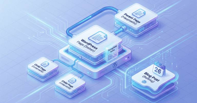Isometrische 3D-Illustration, die das Konzept einer WordPress Page (Seiten) visualisiert. Eine zentrale "WordPress Page" mit einem Template-Symbol ist hierarchisch mit einer "Parent Page" (Hauptseite) und zwei "Child Pages" (Unterseiten) verbunden. Zur Abgrenzung ist ein separater "Blog Post" (Beitrag) mit einem Kalender-Symbol dargestellt.