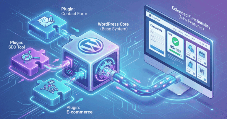 Isometrische 3D-Illustration, die das Konzept eines WordPress Plugins visualisiert. Ein zentraler "WordPress Core"-Block wird durch verschiedene Plugin-Module wie "Contact Form", "SEO Tool" und "E-commerce" erweitert, die wie Puzzleteile eingesetzt werden. Dies führt zu "Extended Functionality (New Features)" auf der resultierenden Website auf einem Monitor.