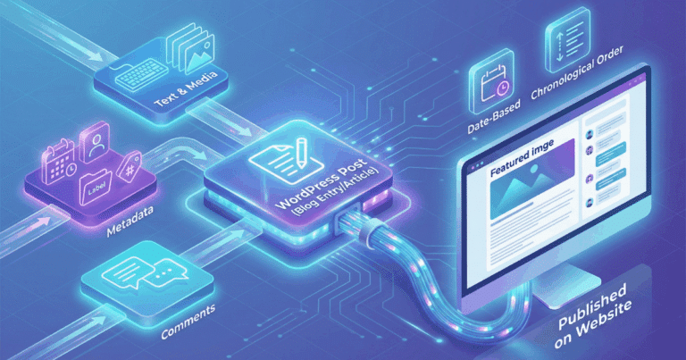 WordPress Hilfe 9 Isometrische 3D-Illustration, Die Das Konzept Eines Wordpress Posts (Blog-Beitrags) Visualisiert. Ein Zentraler &Quot;Wordpress Post&Quot;-Block Empfängt Inhalte Aus Den Modulen &Quot;Text &Amp; Media&Quot;, &Quot;Metadata&Quot; Und &Quot;Comments&Quot;. Der Fertige Beitrag Wird Auf Einem Monitor Als &Quot;Published On Website&Quot; Angezeigt, Mit Den Eigenschaften &Quot;Date-Based&Quot; Und &Quot;Chronological Order&Quot;.