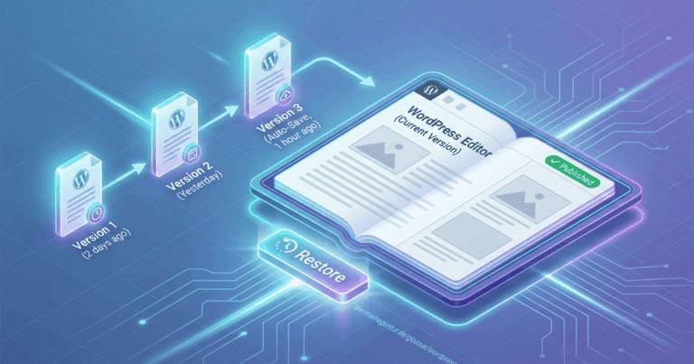 Isometrische 3D-Illustration, die das Konzept der WordPress Revisionen als eine automatische Inhaltshistorie visualisiert. Ein zentraler WordPress-Editor zeigt die aktuelle Version eines Beitrags. Eine Zeitstrahl-Struktur auf der linken Seite stellt verschiedene ältere Versionen ("Version 1", "Version 2", "Version 3 (Auto-Save)") dar, die über einen "Restore"-Button wiederhergestellt werden können.