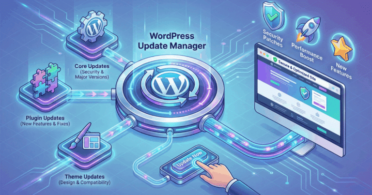 Isometrische 3D-Illustration, die den Prozess von WordPress Updates visualisiert. Ein zentraler "WordPress Update Manager" empfängt Updates für Core, Plugins und Themes. Ein Nutzer klickt auf "Update Now", was zu einer "Secure & Optimized Site" mit Sicherheits-Patches, Performance-Boost und neuen Funktionen führt.