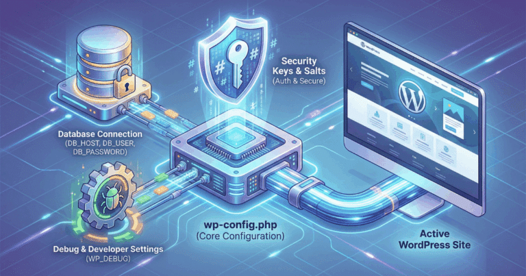Isometrische 3D-Illustration, die die Funktion der wp-config.php als zentrale Steuerzentrale einer WordPress-Website visualisiert. Ein zentraler Server-Block empfängt Daten von Modulen für Datenbankverbindung, Sicherheitsschlüssel und Debug-Einstellungen und speist damit die aktive WordPress-Website auf einem Monitor.