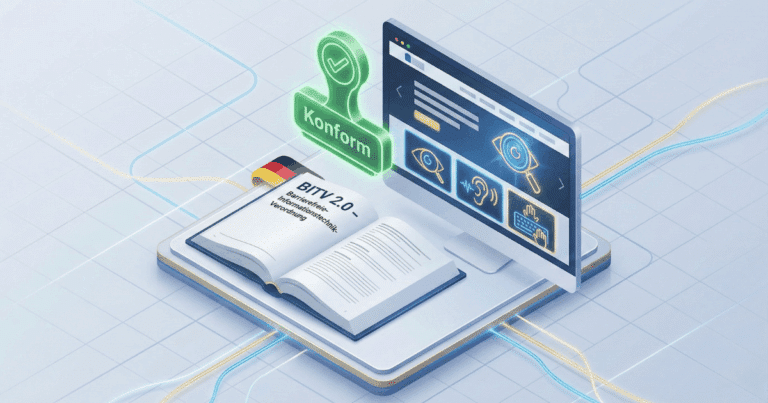 Glossar 14 Isometrische 3D-Illustration, Die Die Bitv Visualisiert. Ein Offizielles Dokument Oder Gesetzbuch Mit Der Aufschrift &Quot;Bitv 2.0&Quot; Liegt Auf Einem Schreibtisch. Ein Leuchtender, Grüner &Quot;Konformitäts-Stempel&Quot; Wird Gerade Auf Eine Webseite Gedrückt, Die Verschiedene Barrierefreiheits-Icons (Auge, Ohr, Tastatur) Anzeigt, Um Die Gesetzliche Einhaltung Der Zugänglichkeitsstandards Zu Symbolisieren.