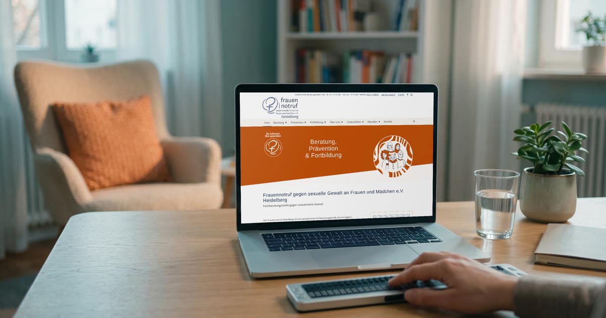 Laptop mit der Website des Frauennotrufs Heidelberg, davor eine Braillezeile, auf der eine Hand liest.