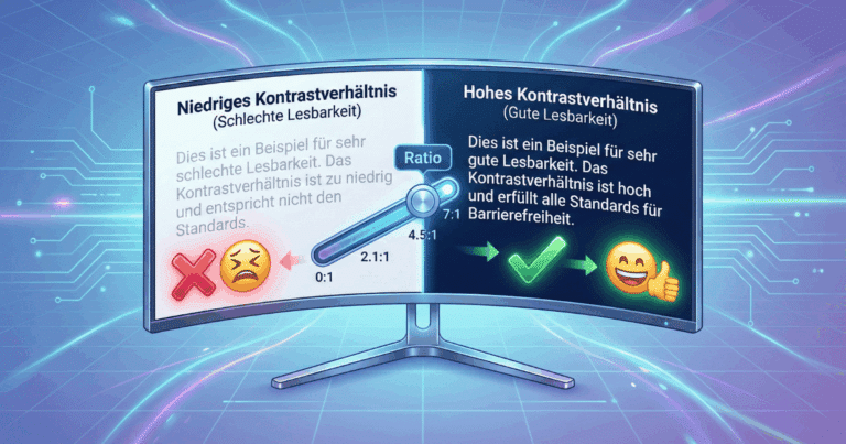 Isometrische 3D-Illustration, die das Konzept des Kontrastverhältnisses visualisiert. Ein geteilter Bildschirm zeigt links ein "Niedriges Kontrastverhältnis" mit schwer lesbarem Text auf ähnlichem Hintergrund (Grau auf Weiß), versehen mit einem roten Kreuz. Rechts zeigt ein "Hohes Kontrastverhältnis" gut lesbaren, weißen Text auf dunklem Hintergrund mit einem grünen Haken. Ein Regler in der Mitte visualisiert das Verhältnis (Ratio).
