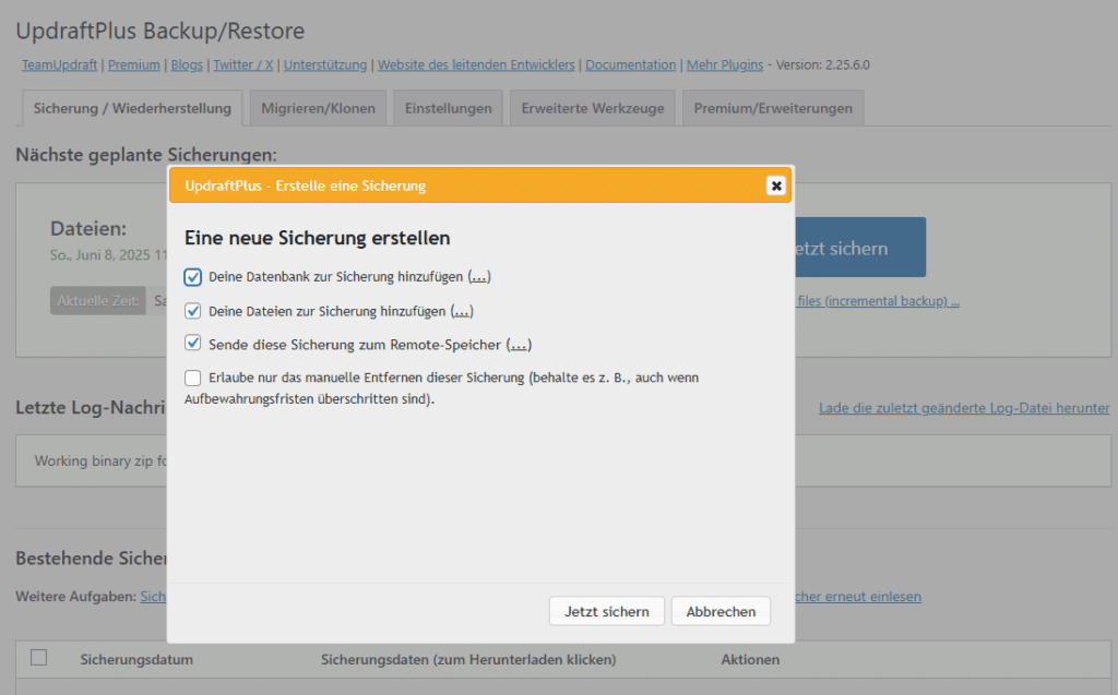 Backup Einer Wordpress-Seite Vor Dem Update