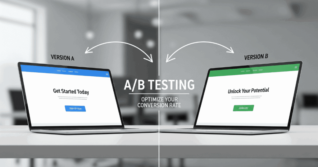 Illustration Von A/B-Testing Für Landingpages, Die Zwei Varianten Zur Optimierung Zeigt.