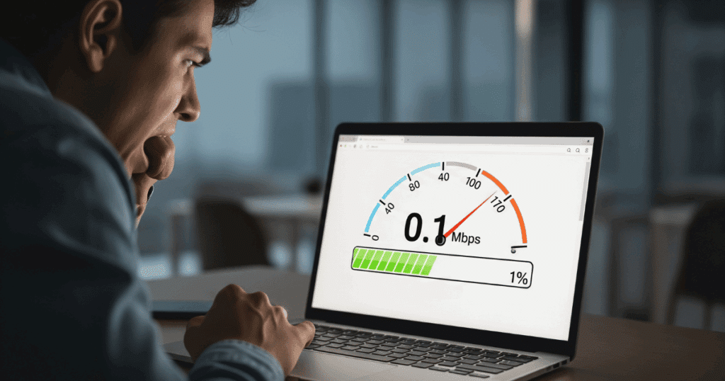 Frustrierte Person Vor Einem Laptop Mit Einer Langsam Ladenden Wordpress-Website, Symbolisiert Performance-Probleme.

