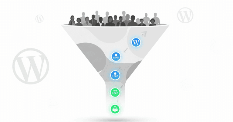 Moderne Illustration Eines Digitalen Trichters, Der Website-Besucher In Leads Verwandelt, Mit Wordpress-Elementen Im Hintergrund.