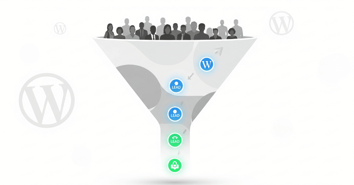 Moderne Illustration eines digitalen Trichters, der Website-Besucher in Leads verwandelt, mit WordPress-Elementen im Hintergrund.