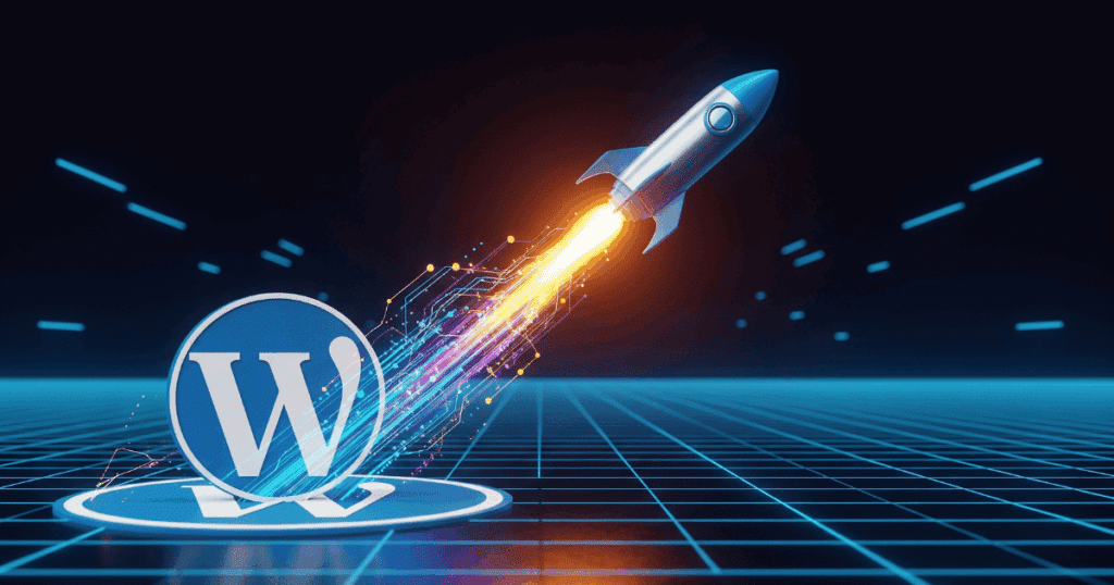 Eine Rakete Startet Vom Wordpress-Logo Als Symbol Für Schnelles Technisches Seo Und Die Optimierung Der Core Web Vitals.