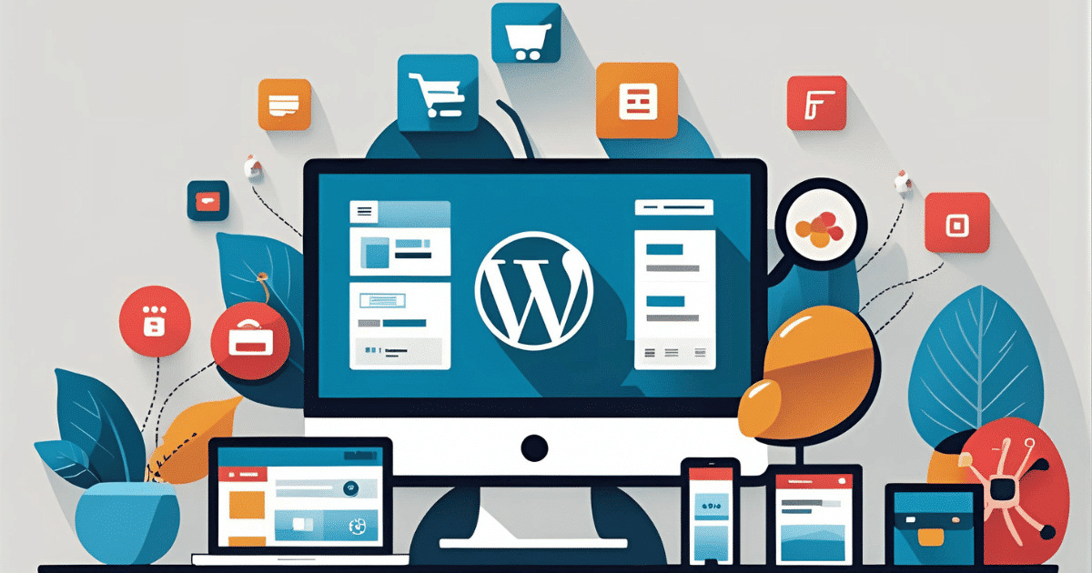 Was Ist Wordpress: Wordpress-Logo Umgeben Von Icons Für Blog, Shop, Themes Und Plugins