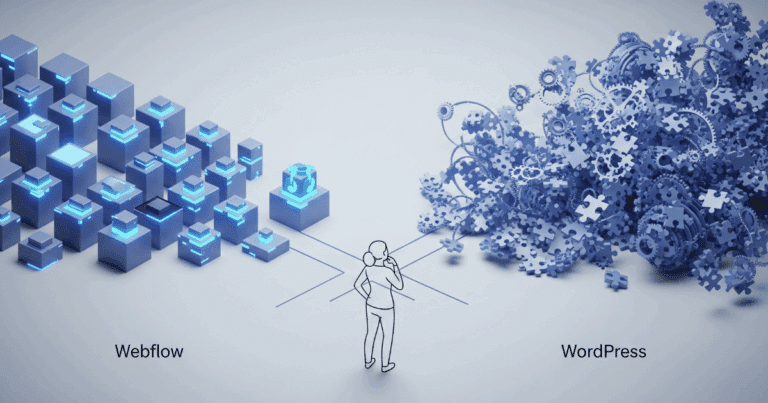 Eine Person Steht An Einer Weggabelung Und Entscheidet Zwischen Webflow, Symbolisiert Durch Geordnete Bausteine, Und Wordpress, Dargestellt Als Komplexes Ökosystem.
