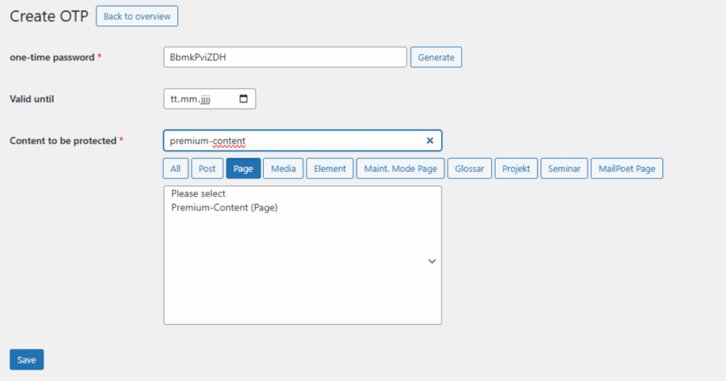 Erstellungsformular Für Ein Neues Einmalpasswort Im Wordpress-Adminbereich Mit Feldern Für Das Passwort, Ablaufdatum Und Die Inhaltssuche.