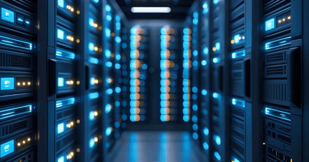 Serverraum Mit Leuchtenden Led-Anzeigen – Symbol Für Leistungsstarkes Und Sicheres Wordpress Hosting, Das Geschwindigkeit, Zuverlässigkeit Und Skalierbarkeit Gewährleistet