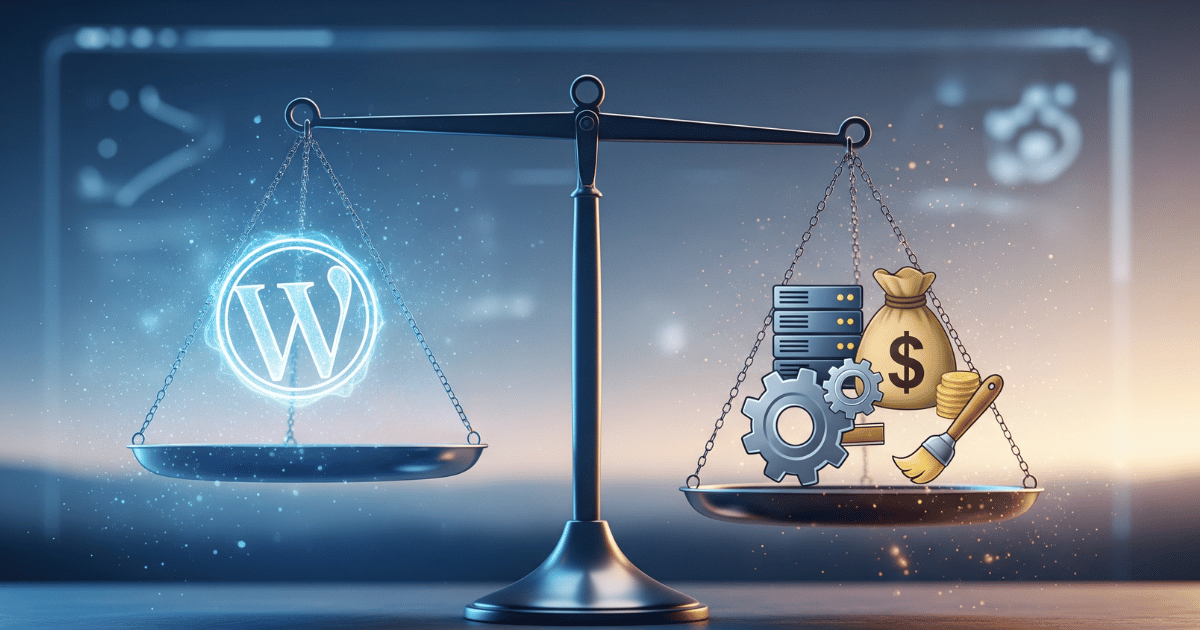 WordPress Kosten: Waage zeigt Gratis-Software vs. Ausgaben für Hosting, Themes und Wartung