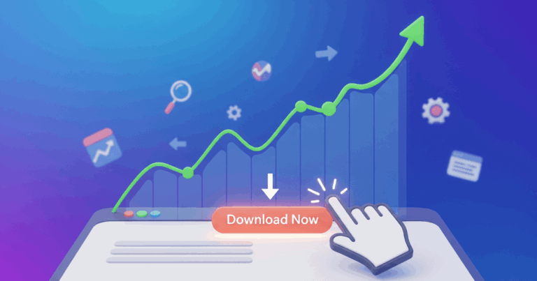 Eine 3D-Illustration, Die Den Prozess Einer Erfolgreichen Conversion Auf Einer Landingpage Darstellt, Mit Einem Klick Auf Einen Button Und Einem Wachsenden Graphen Im Hintergrund.