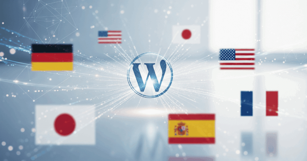 Ein Wordpress-Logo, Das Durch Digitale Linien Mit Verschiedenen Flaggen Der Welt Verbunden Ist Und Die Globale Mehrsprachigkeit Symbolisiert.