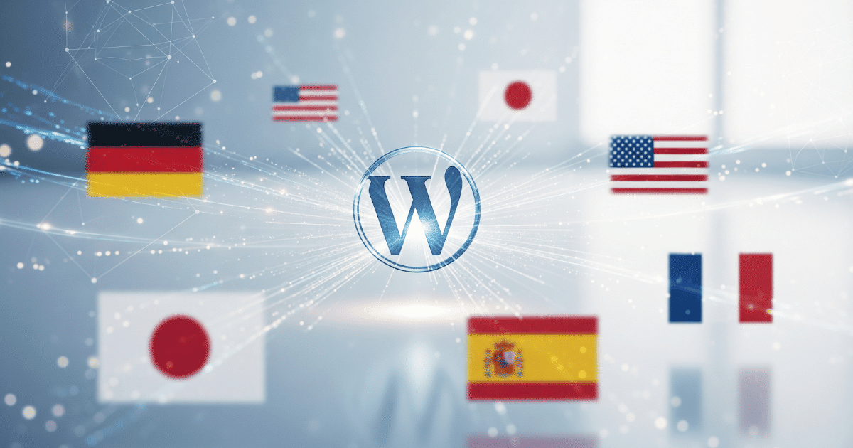 Ein WordPress-Logo, das durch digitale Linien mit verschiedenen Flaggen der Welt verbunden ist und die globale Mehrsprachigkeit symbolisiert.