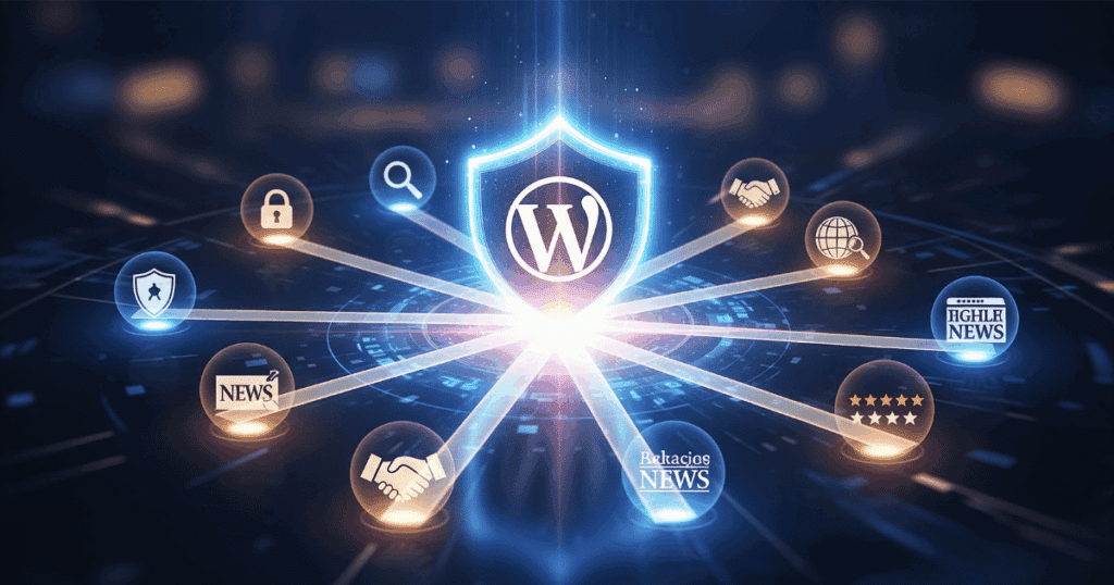 Ein Zentrales Schild Mit Wordpress-Logo, Das Durch Starke Backlinks Mit Anderen Vertrauenswürdigen Seiten Verbunden Ist Und So E-E-A-T Symbolisiert.