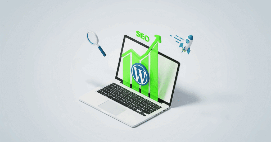 Eine Illustration, Die Einen Laptop Mit Wordpress-Logo Und Einem Seo-Erfolgsgraphen Zeigt, Umgeben Von Symbolen Für Analyse Und Geschwindigkeit.