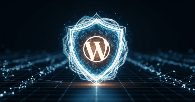 Ein Abstraktes Bild, Das Die Wordpress Sicherheit Symbolisiert, Mit Einem Schützenden Digitalen Schild Um Das Wordpress-Logo.