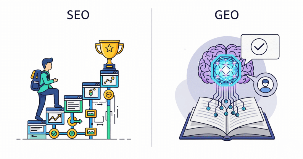 Vergleichsgrafik, Die Den Unterschied Zwischen Seo, Dargestellt Als Erklimmen Einer Rangliste Von Links, Und Geo, Dargestellt Als Direkte Informationsübertragung An Eine Ki, Zeigt.