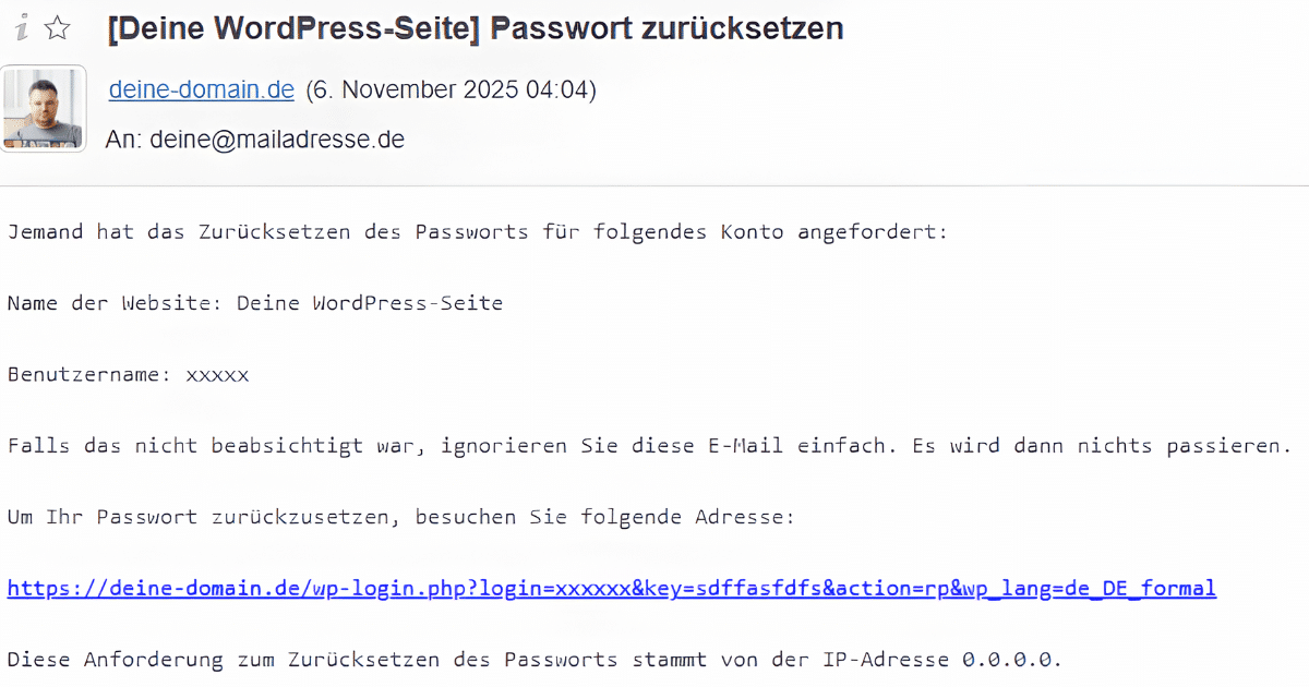 Screenshot einer unerwarteten E-Mail von WordPress mit dem Betreff "Passwort zurücksetzen".
