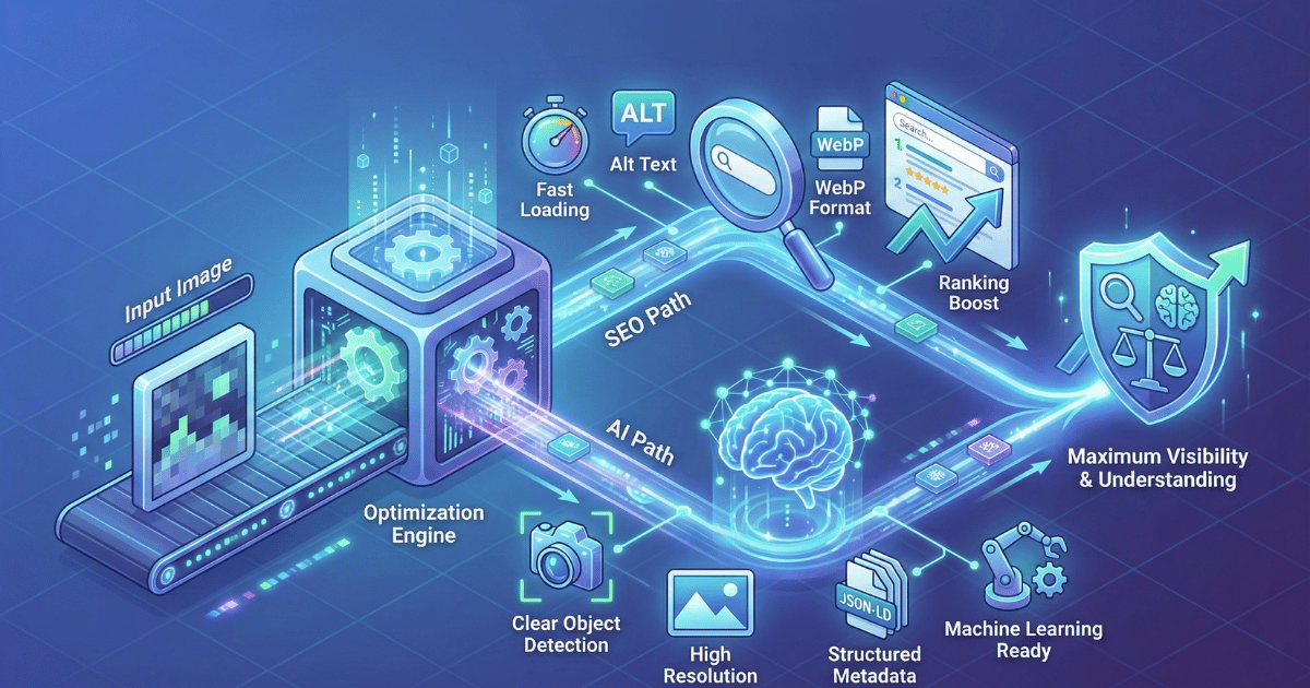 Isometrische 3D-Illustration, die den Prozess der Bildoptimierung sowohl für Suchmaschinen (SEO) als auch für künstliche Intelligenz (KI) visualisiert. Ein Eingabebild wird in einer Optimierungs-Engine verarbeitet und in zwei Pfade aufgeteilt: Der SEO-Pfad führt zu Vorteilen wie schnellen Ladezeiten und Ranking-Boosts, während der KI-Pfad zu besserer Objekterkennung und maschinellem Lernen führt.